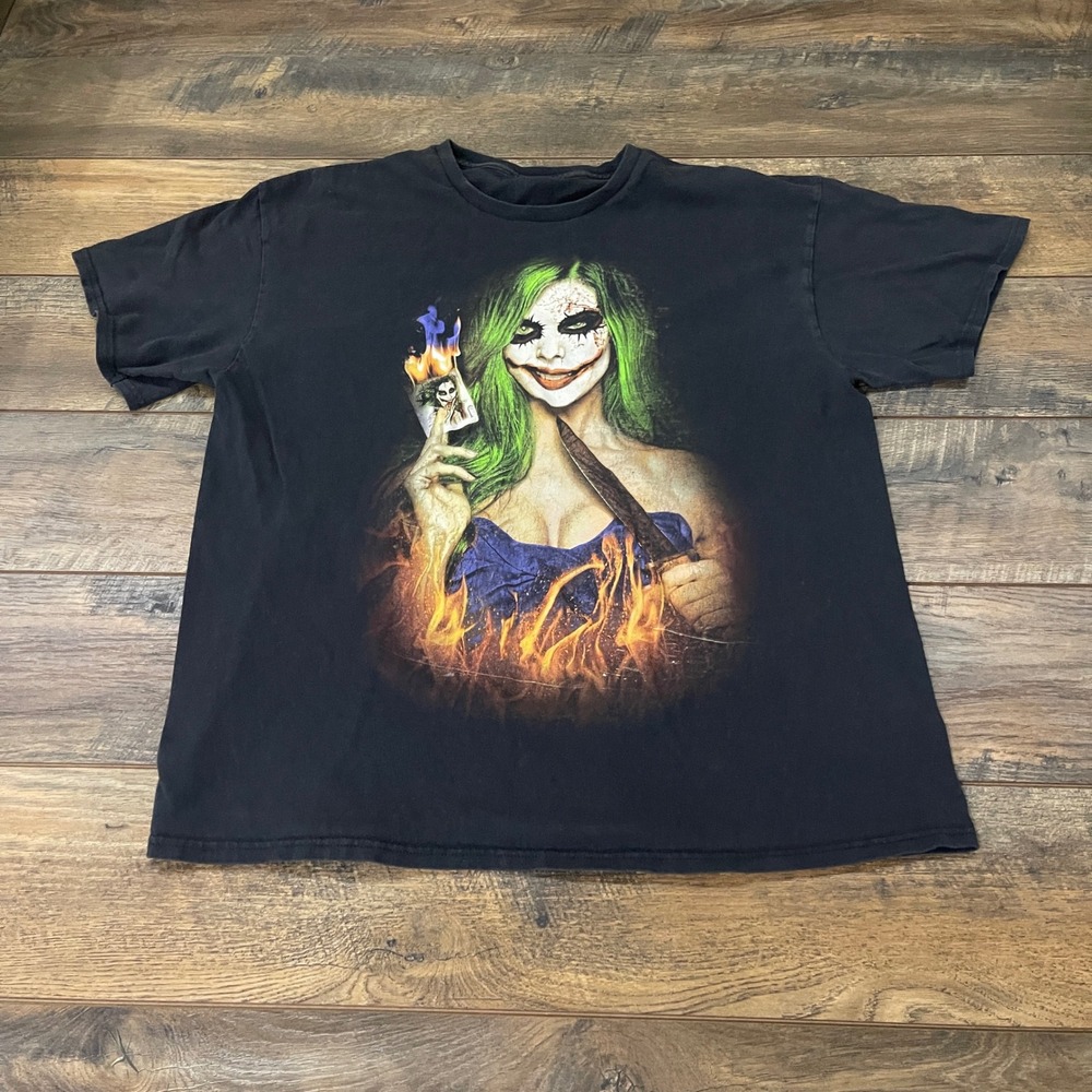 Female Joker Graphic T-Shirt Black Green Hair Clown Horror Art Tee Grunge Street